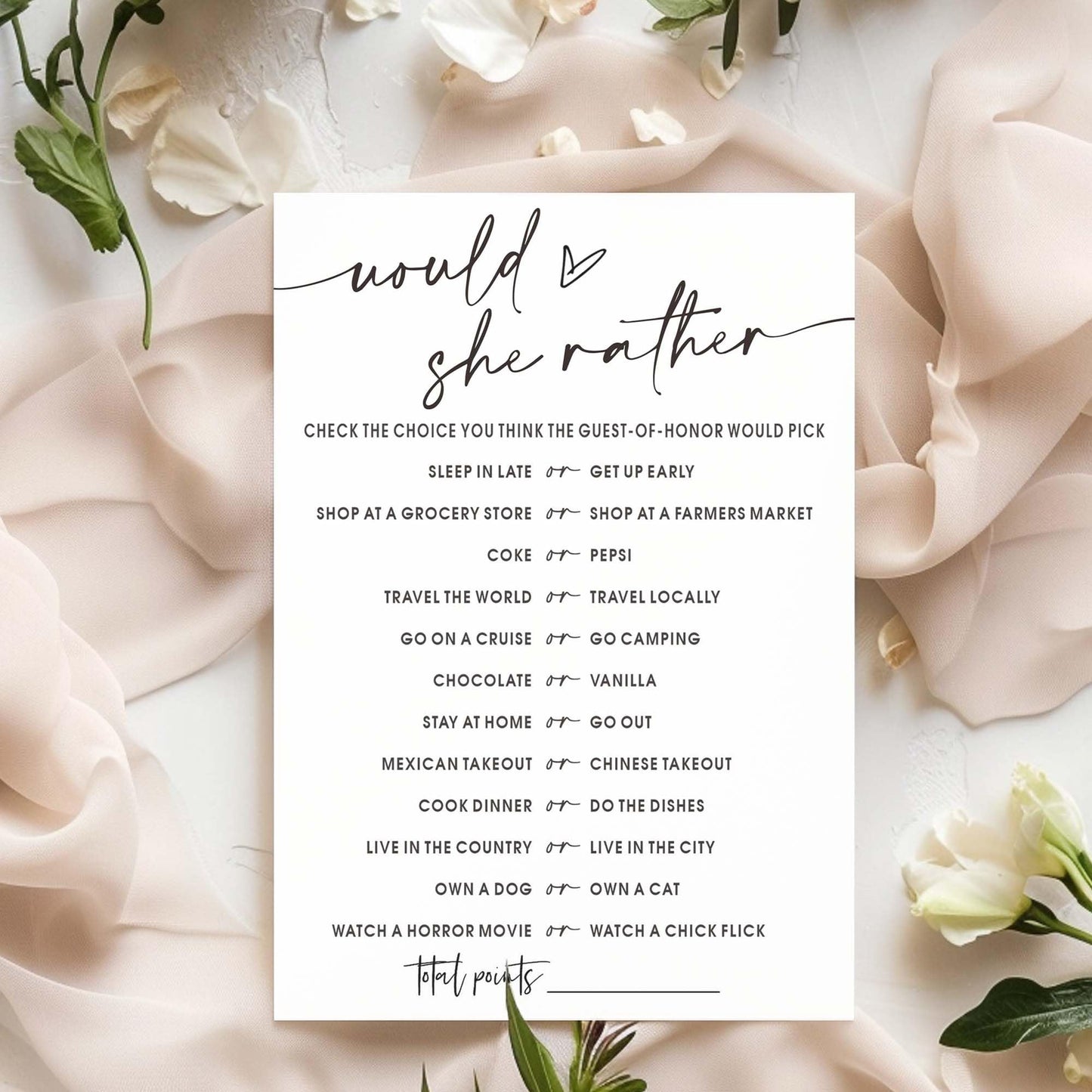 Wybgno Wedding Shower Games Cards – Would She Rather Bridal Shower for 25 Guests | Minimalist White
