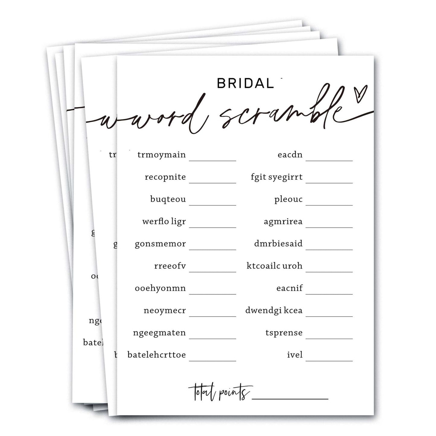 Wybgno Bridal Shower Games Cards – 25 Word Scramble Pack + 1 Answer Card | Minimalist White Wedding Supplies