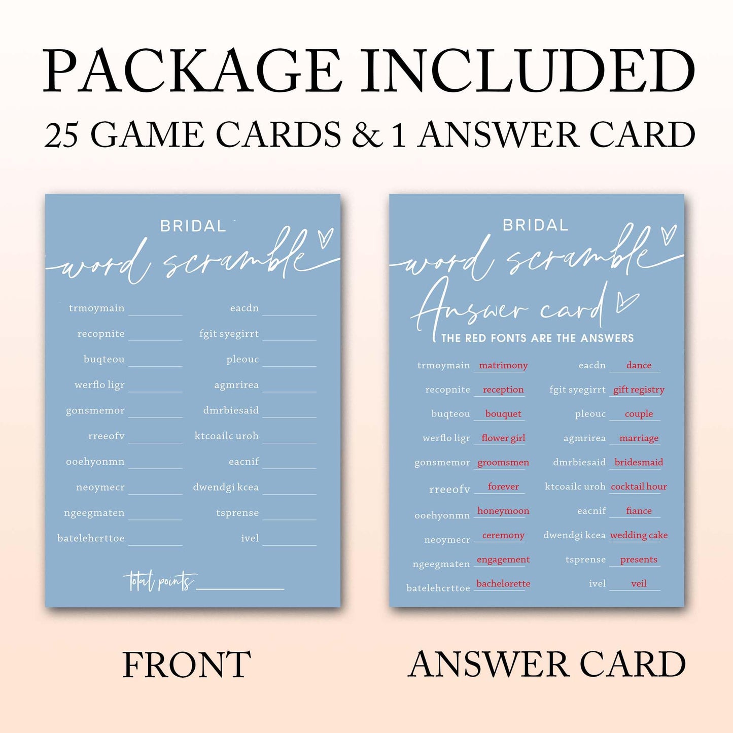 Wybgno Bridal Shower Games – 25 Word Scramble Cards + 1 Answer Card, Minimalist Blue