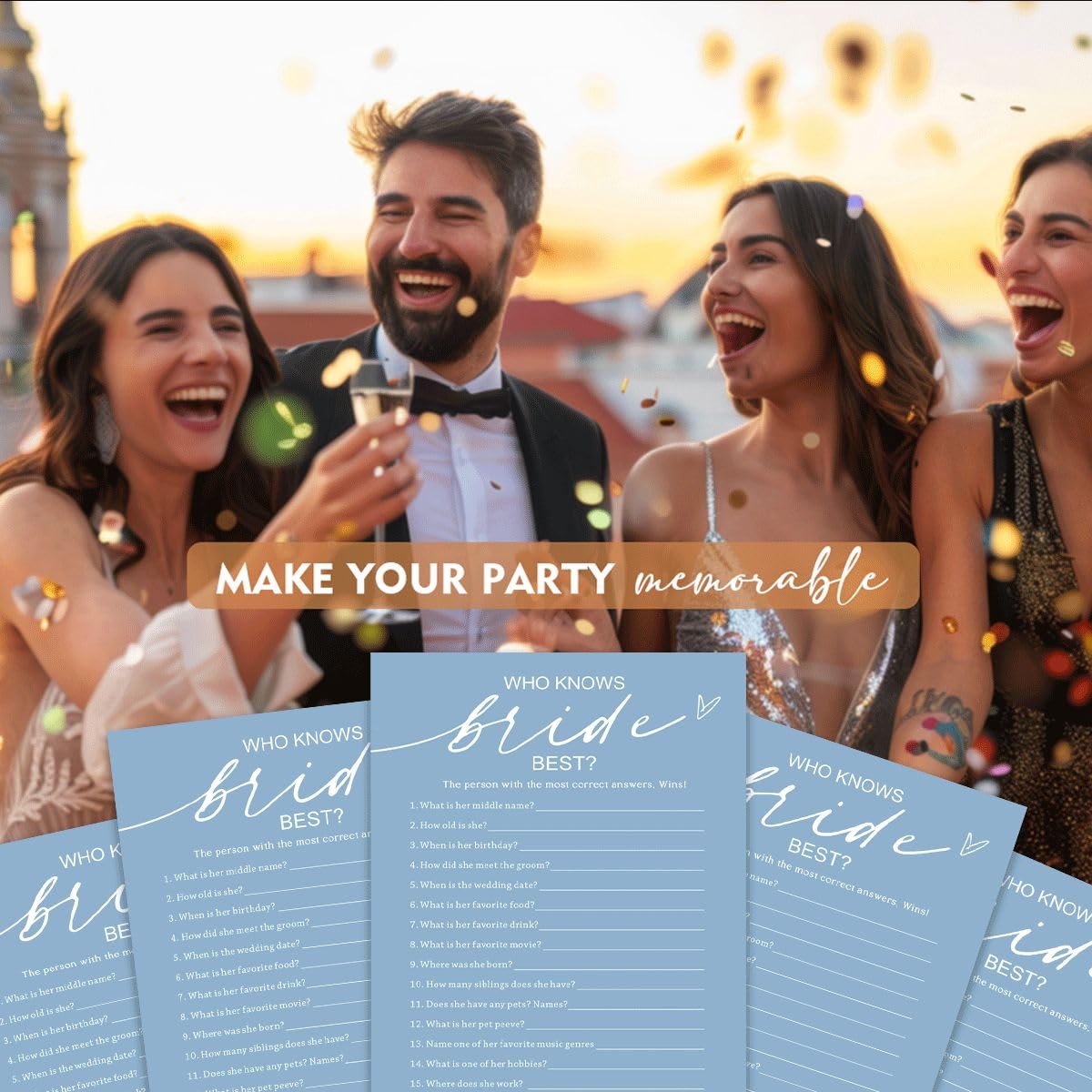 Wybgno Bridal Shower Games Cards – Who Knows The Bride Best (25 Cards) – Minimalist Blue