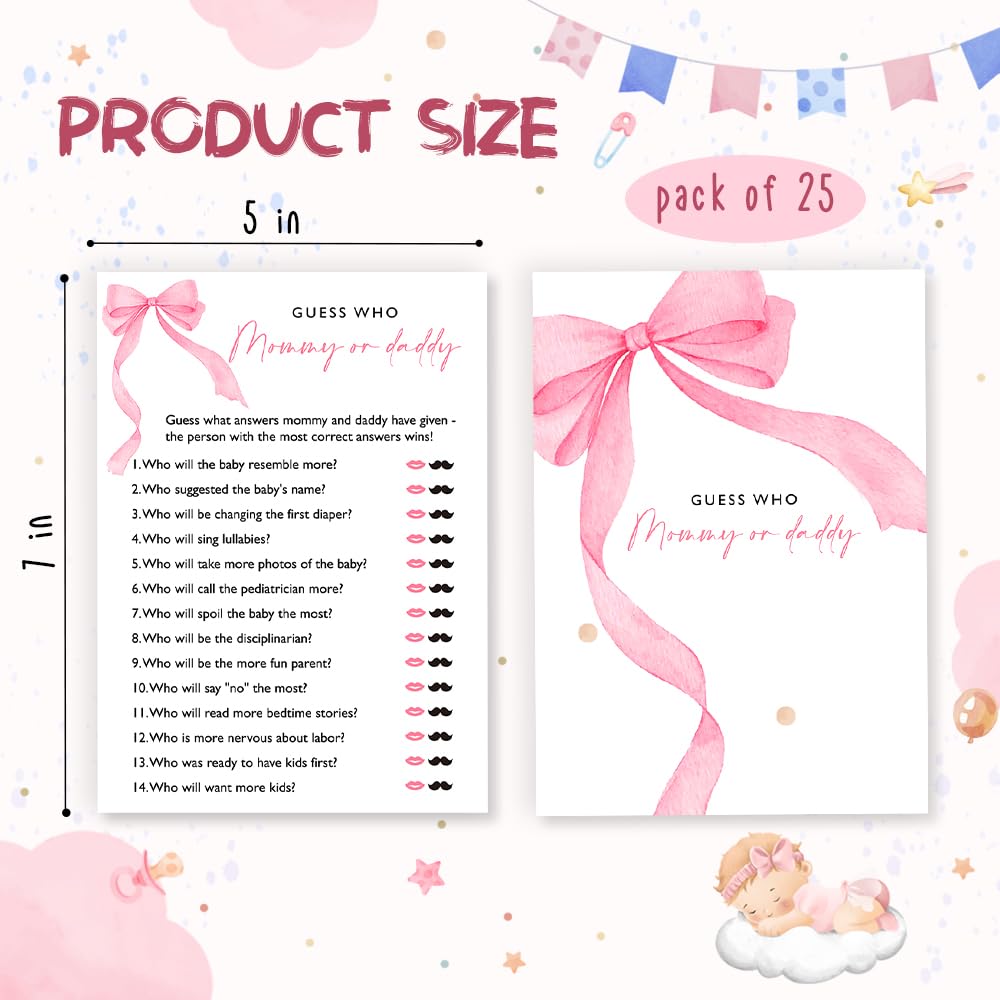 Wybgno Guess Who Mommy or Daddy Baby Shower Game – 25 Double-Sided Pink Bow Cards