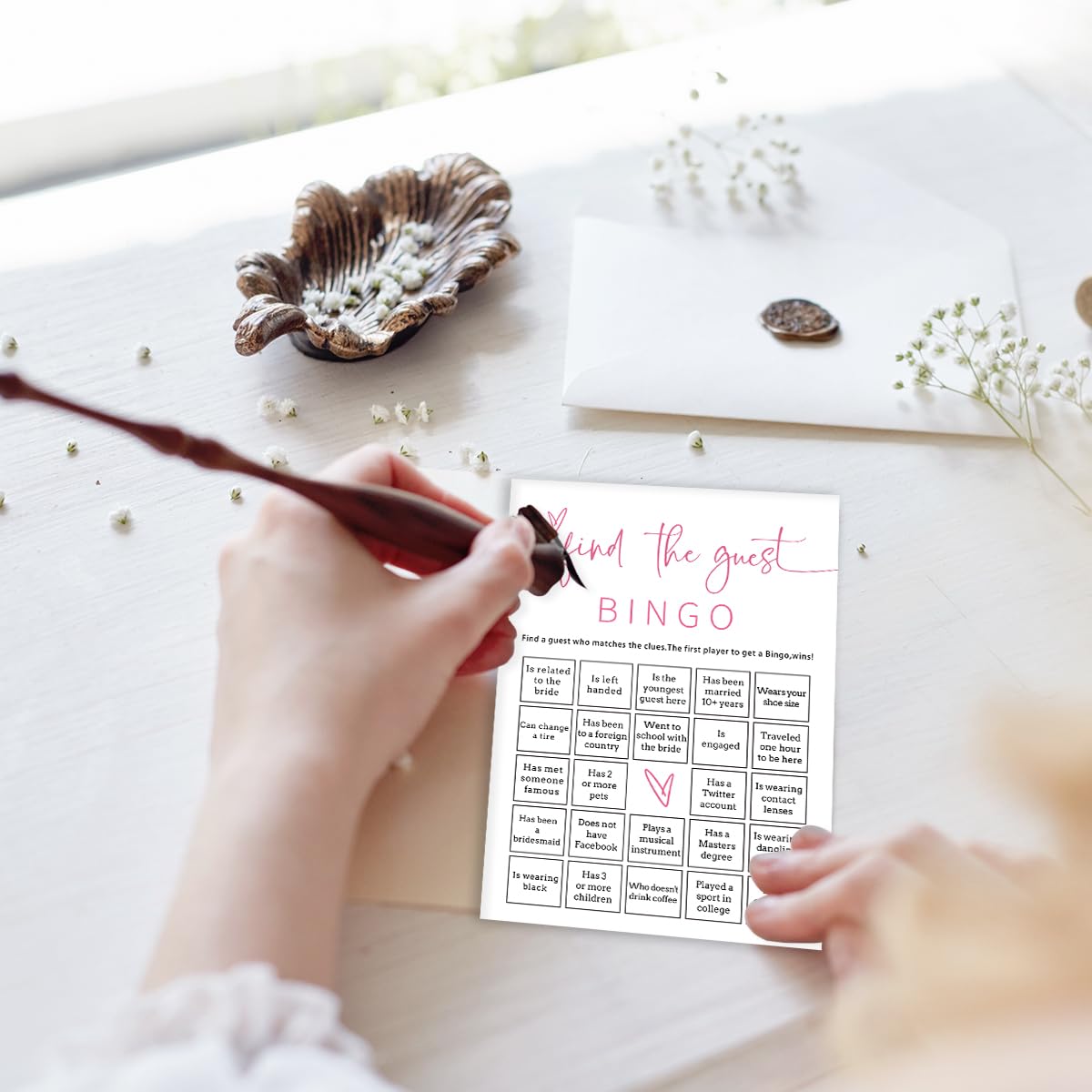 Wybgno Bridal Shower Bingo — 25 Pcs Prefilled Cards, Pink Engagement Party Games | E17