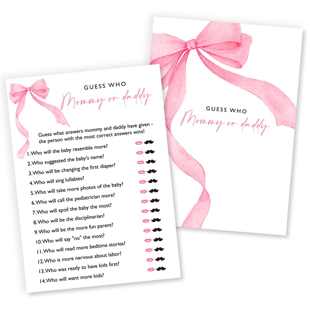 Wybgno Guess Who Mommy or Daddy Baby Shower Game – 25 Double-Sided Pink Bow Cards