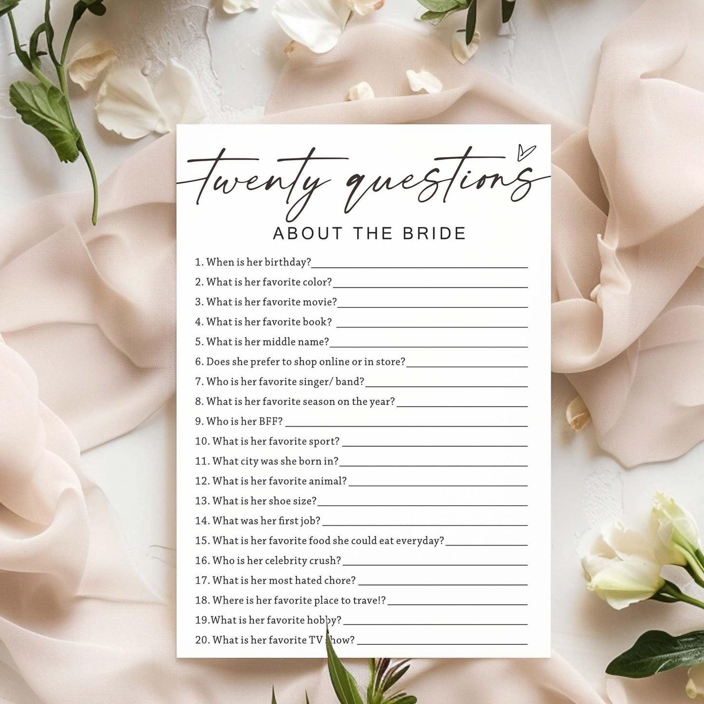 Wybgno Bridal Shower Games Cards: Twenty Questions About The Bride (25 Cards)