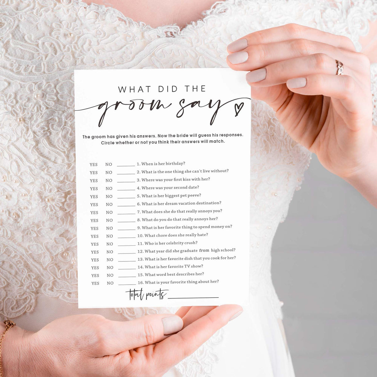 Wybgno Wedding Shower Games Cards – What Did the Groom Say, 25-Card Pack | Minimalist White