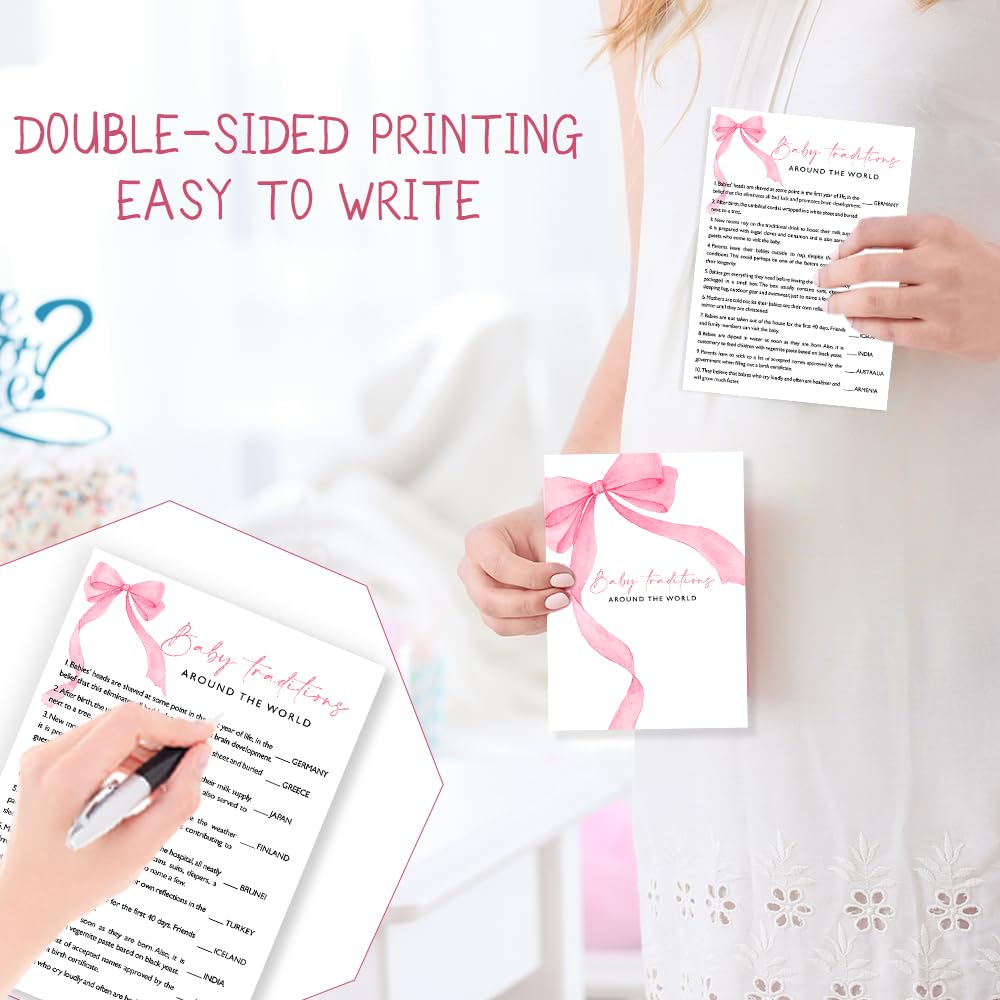 Wybgno Baby Traditions World Shower Game – 25 Pink Bow Cards with Answer Key
