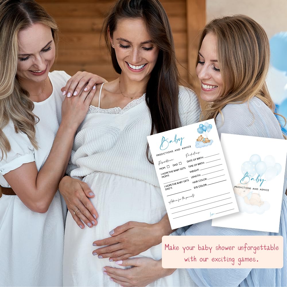 Wybgno Baby Predictions & Advice Shower Game – 25 Blue Bear & Balloon Theme Cards
