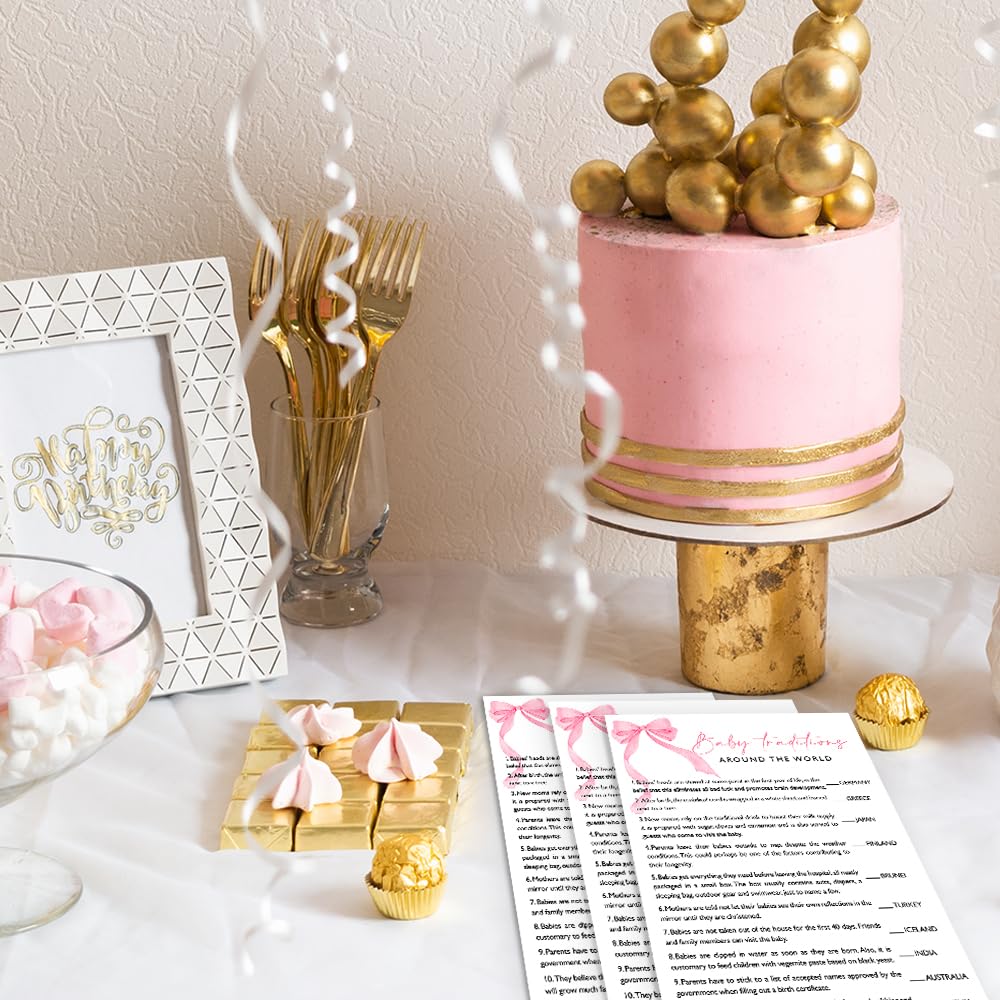 Wybgno Baby Traditions World Shower Game – 25 Pink Bow Cards with Answer Key