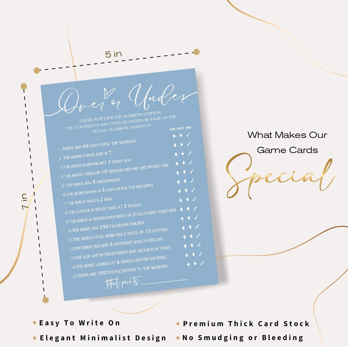 Wybgno Bridal Shower Games Cards – Guess Over or Under (25 Cards) | Minimalist Blue Wedding Supplies