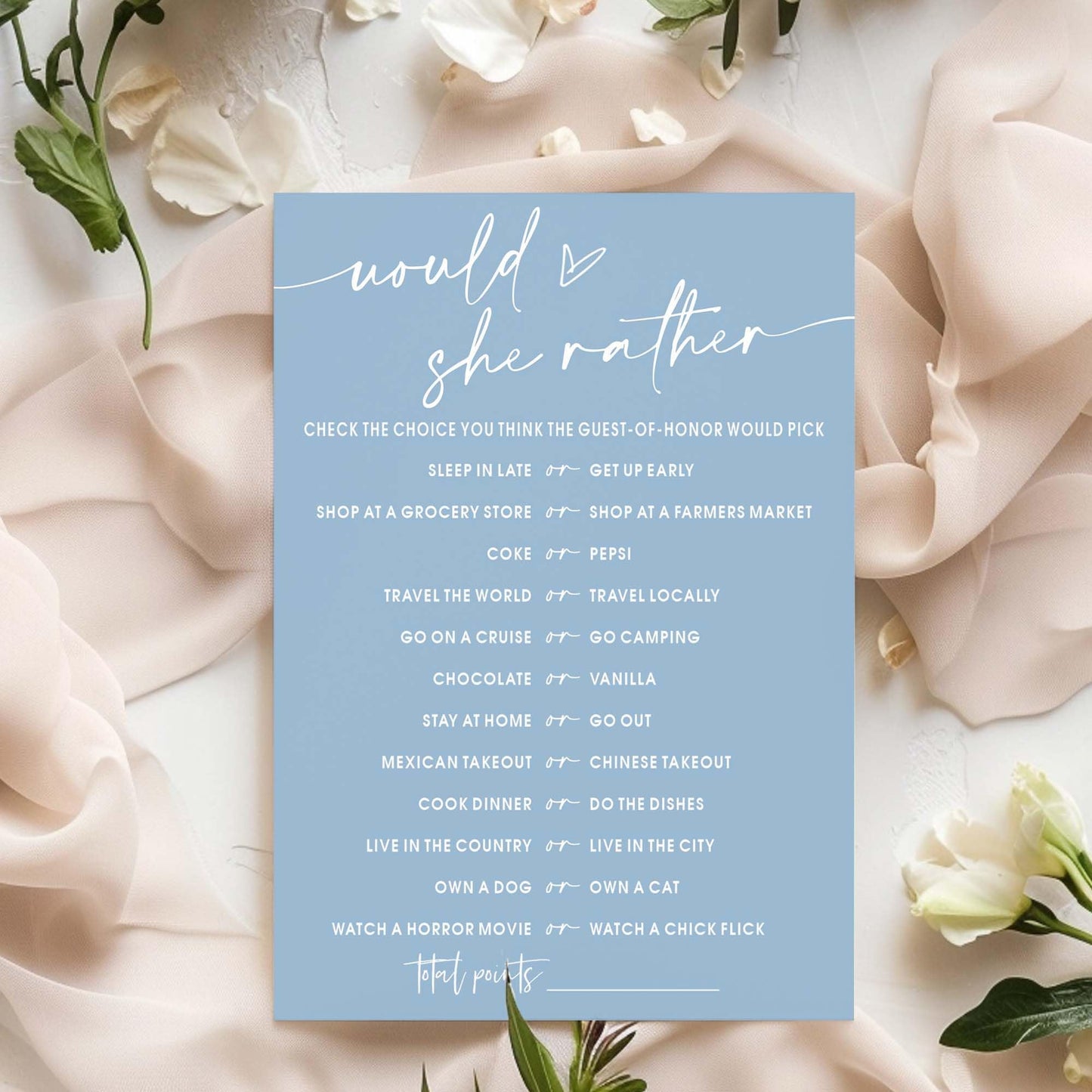 Wybgno Bridal Shower Games Cards – Would She Rather for 25 Guests | Minimalist Blue Wedding Party Supplies