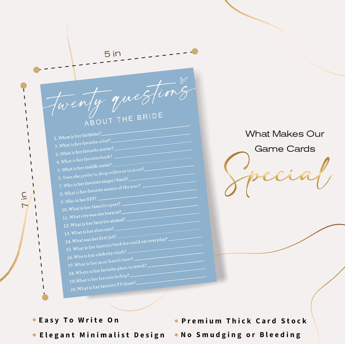 Wybgno Bridal Shower Games Cards – Twenty Questions About The Bride | 25 Cards