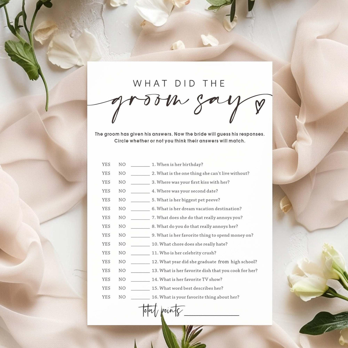 Wybgno Wedding Shower Games Cards – What Did the Groom Say, 25-Card Pack | Minimalist White