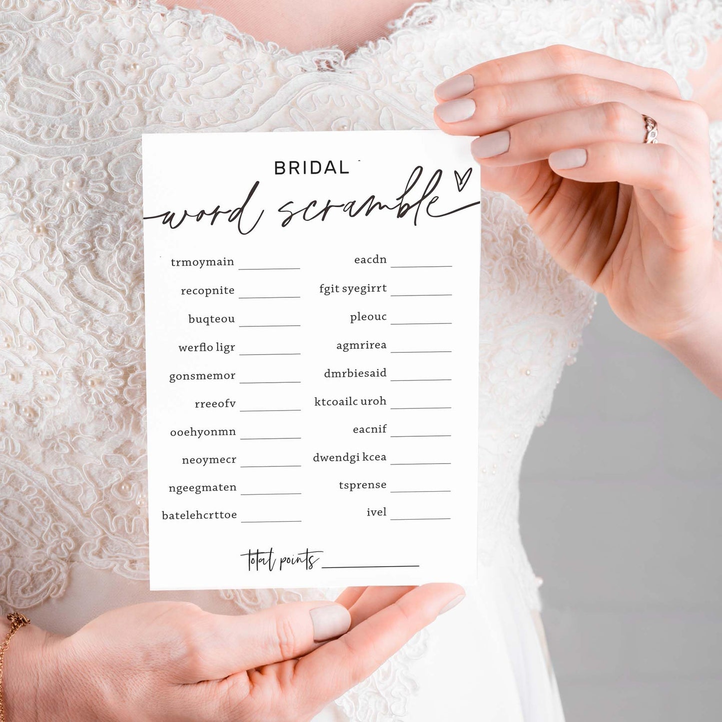 Wybgno Bridal Shower Games Cards – 25 Word Scramble Pack + 1 Answer Card | Minimalist White Wedding Supplies
