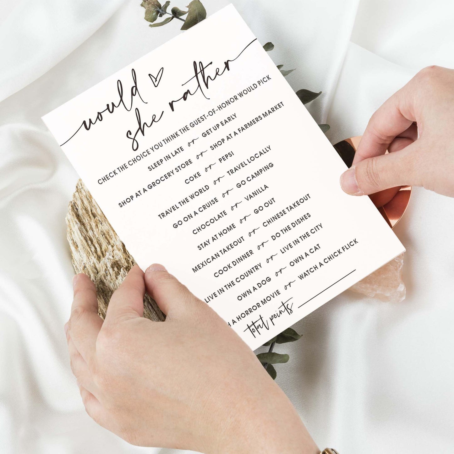 Wybgno Wedding Shower Games Cards – Would She Rather Bridal Shower for 25 Guests | Minimalist White