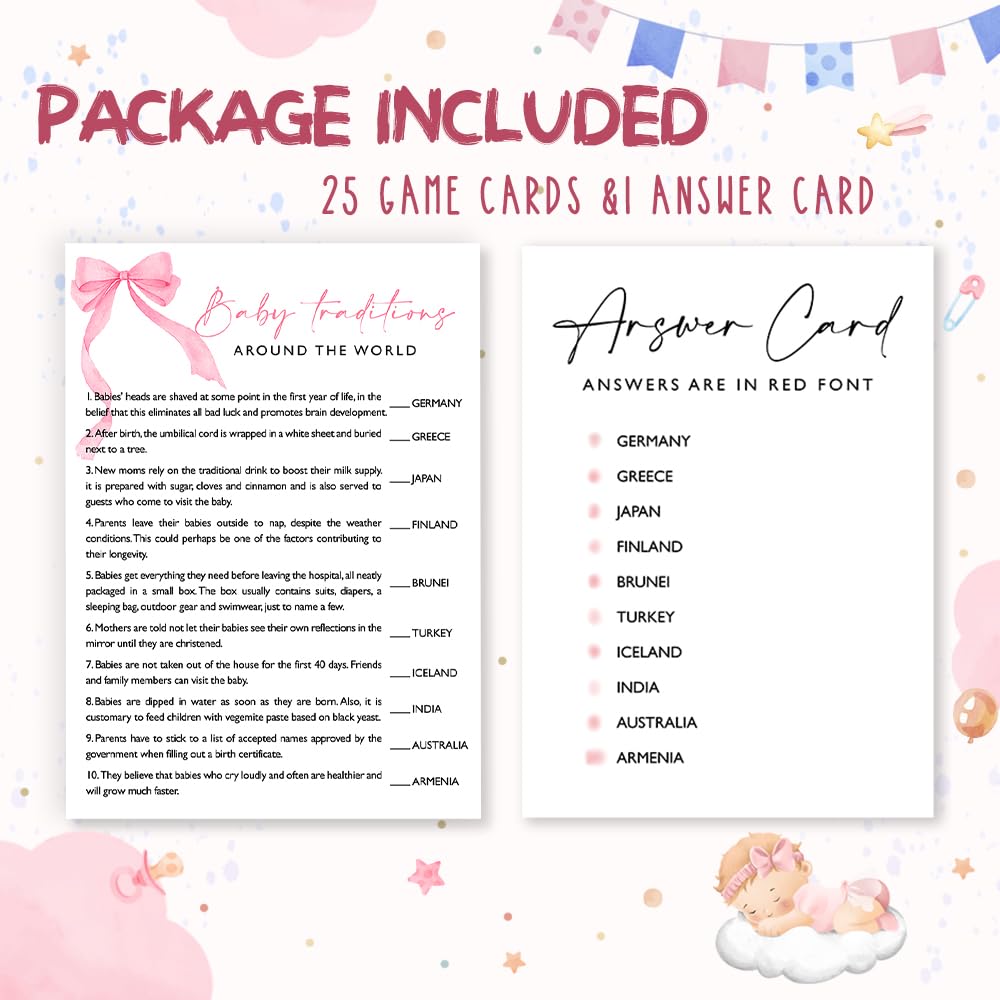 Wybgno Baby Traditions World Shower Game – 25 Pink Bow Cards with Answer Key