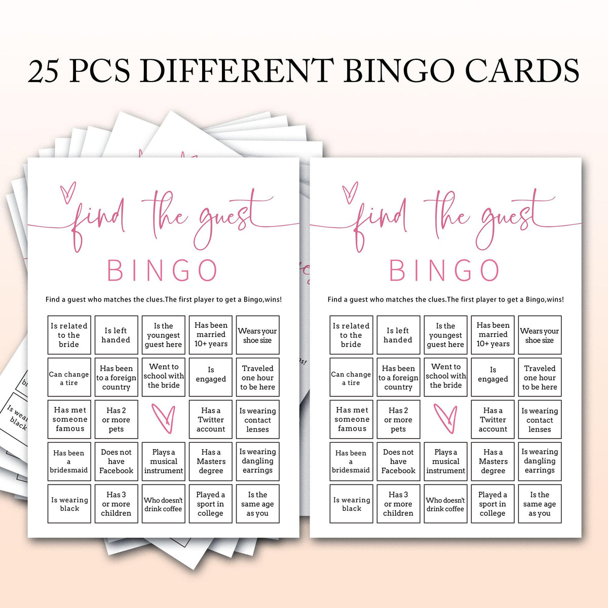 Wybgno Bridal Shower Bingo — 25 Pcs Prefilled Cards, Pink Engagement Party Games | E17