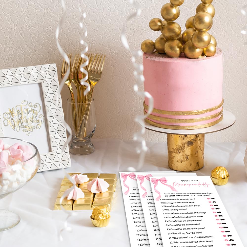 Wybgno Guess Who Mommy or Daddy Baby Shower Game – 25 Double-Sided Pink Bow Cards