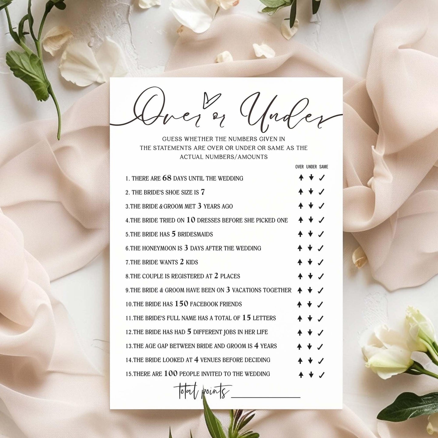 Wybgno Wedding Shower Games Cards – Guess Over or Under for 25 Guests