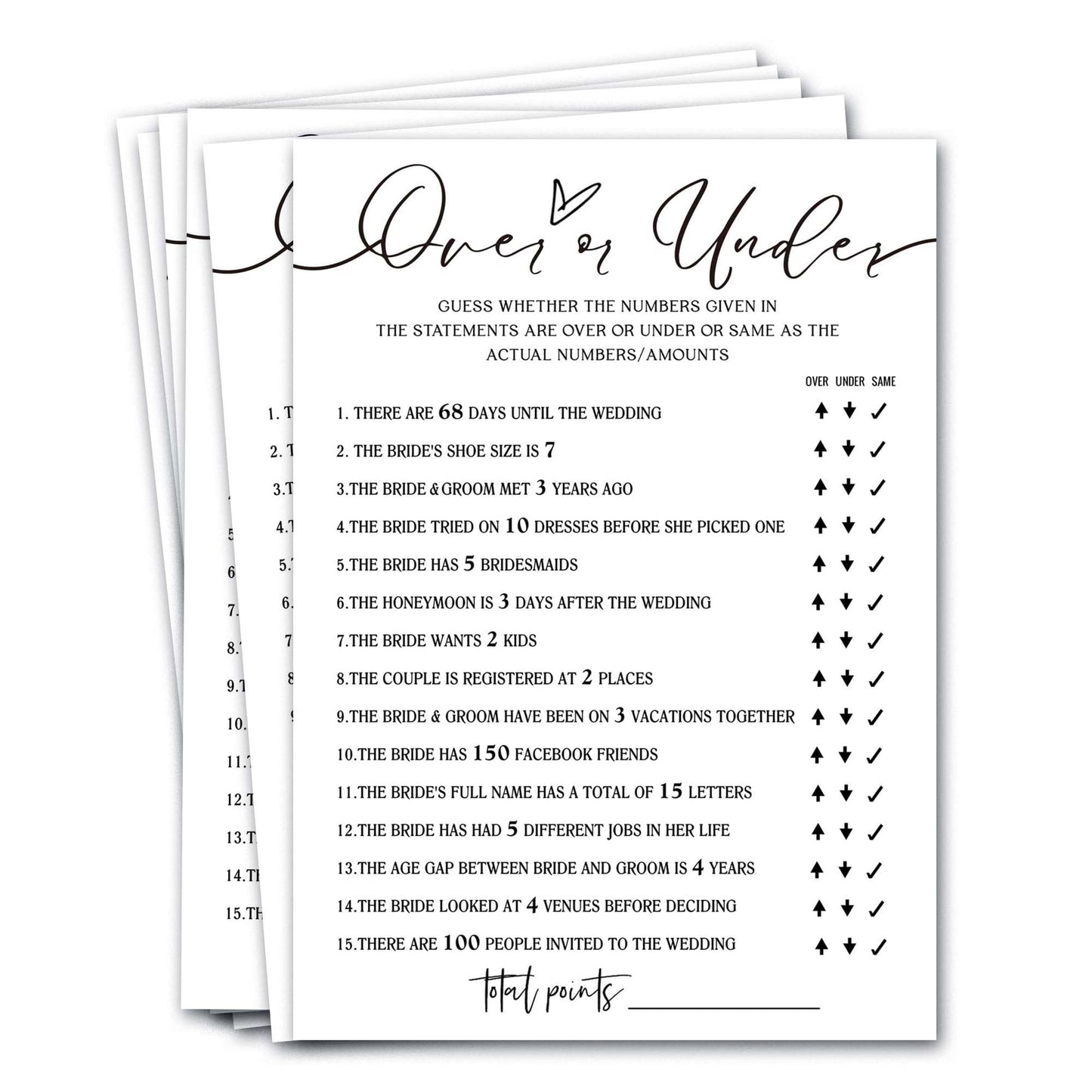 Wybgno Wedding Shower Games Cards – Guess Over or Under for 25 Guests