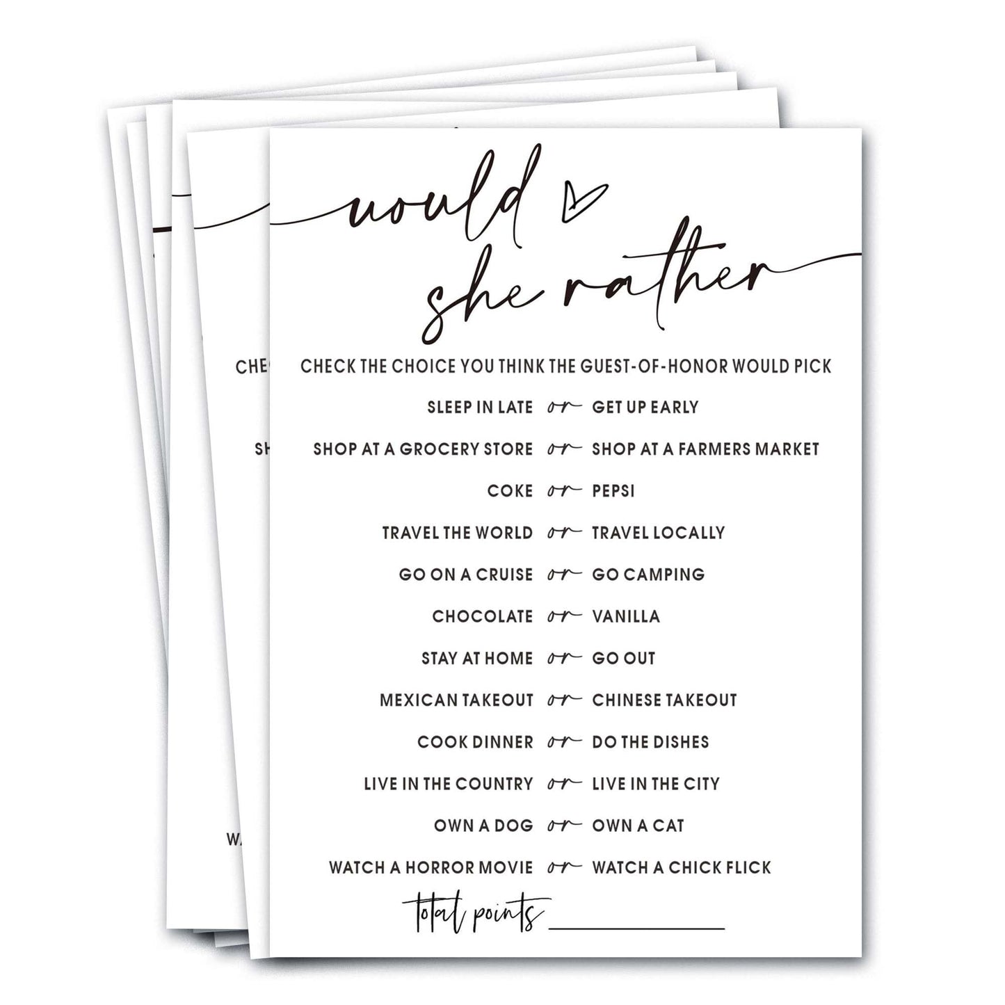 Wybgno Wedding Shower Games Cards – Would She Rather Bridal Shower for 25 Guests | Minimalist White