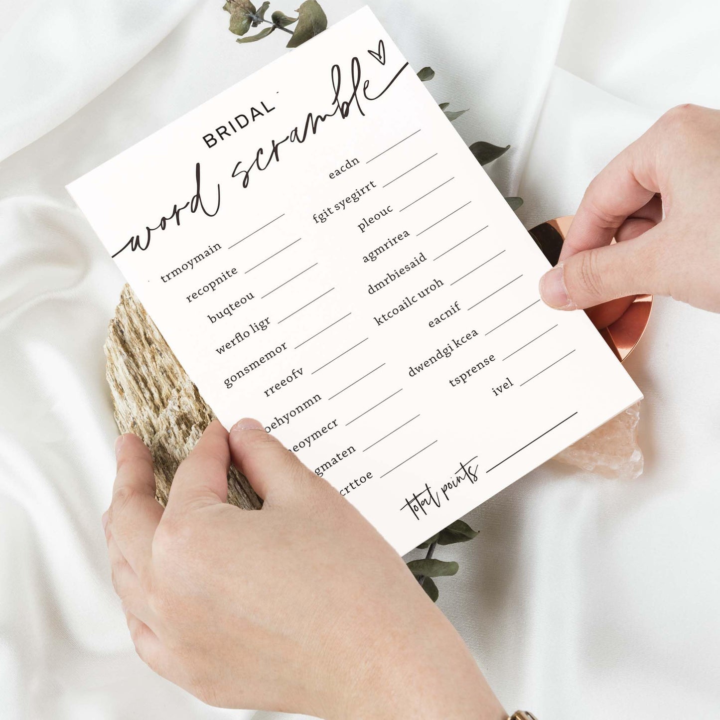 Wybgno Bridal Shower Games Cards – 25 Word Scramble Pack + 1 Answer Card | Minimalist White Wedding Supplies