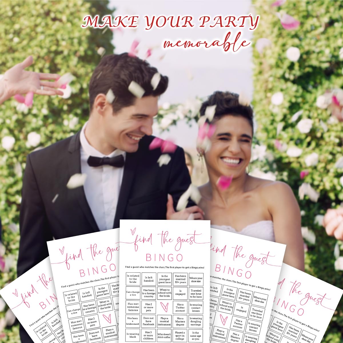 Wybgno Bridal Shower Bingo — 25 Pcs Prefilled Cards, Pink Engagement Party Games | E17