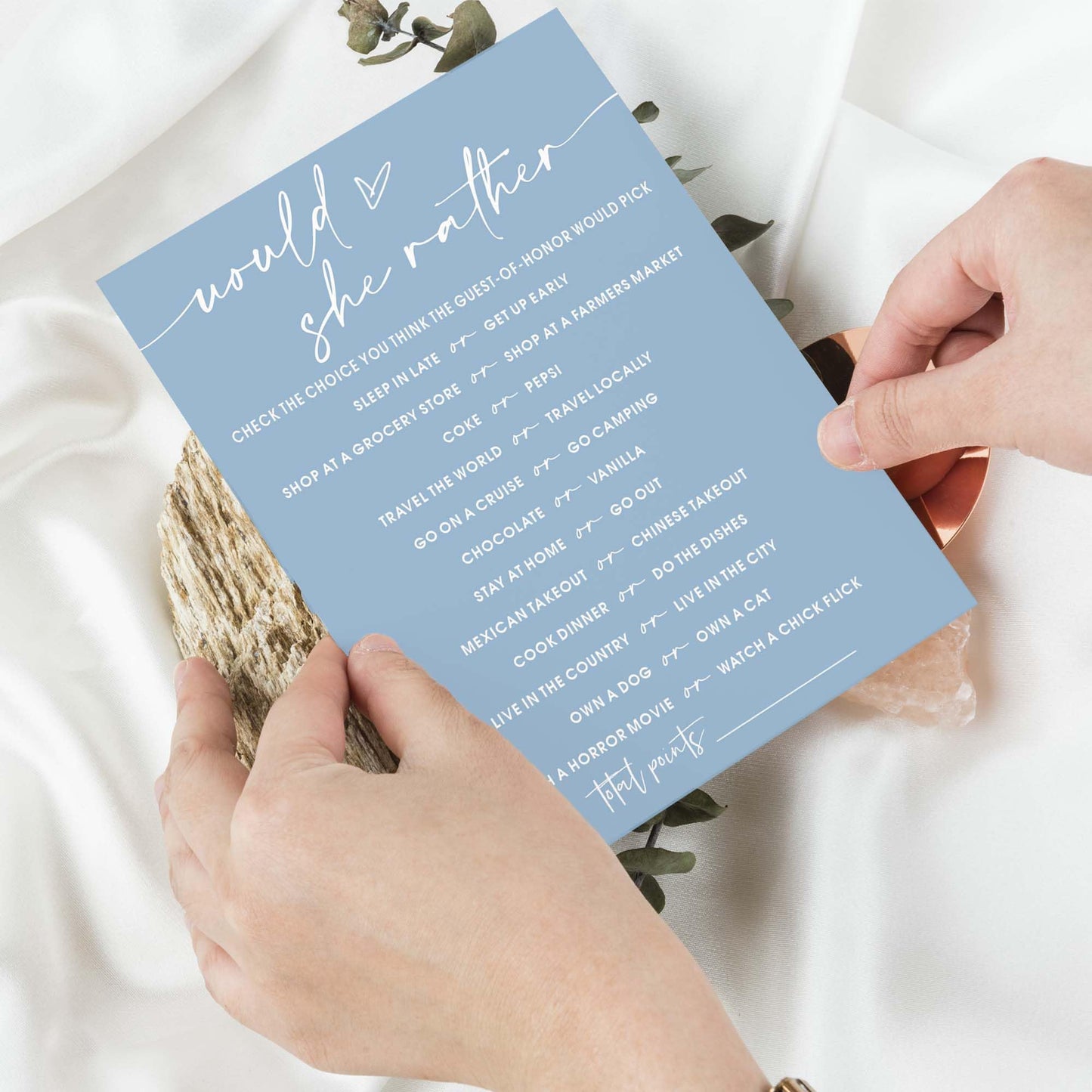 Wybgno Bridal Shower Games Cards – Would She Rather for 25 Guests | Minimalist Blue Wedding Party Supplies