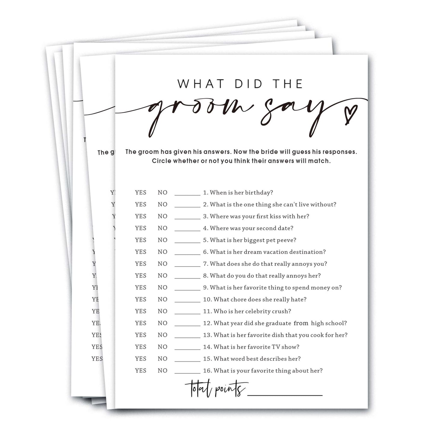 Wybgno Wedding Shower Games Cards – What Did the Groom Say, 25-Card Pack | Minimalist White