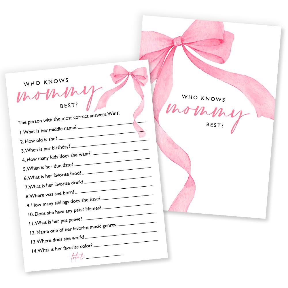 Wybgno Who Knows Mommy Best Baby Shower Game – 25 Pink Bow Cards | Ready-to-Play Icebreaker for Baby Girl Showers