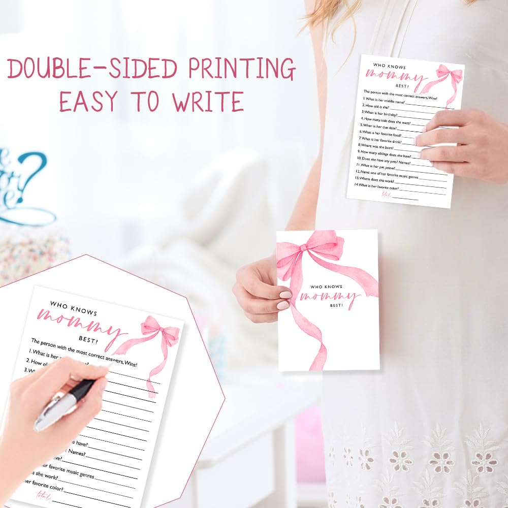 Wybgno Who Knows Mommy Best Baby Shower Game – 25 Pink Bow Cards | Ready-to-Play Icebreaker for Baby Girl Showers