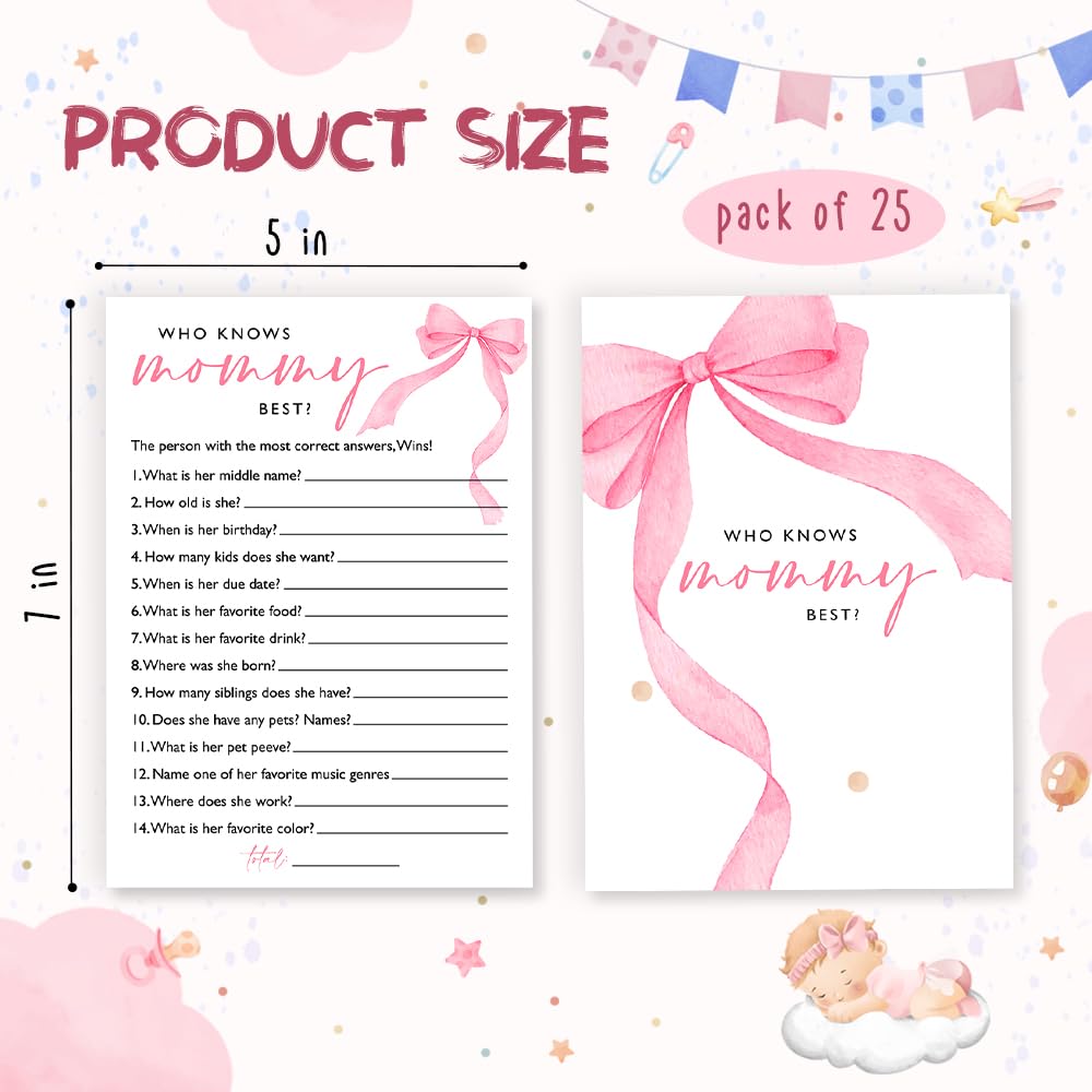 Wybgno Who Knows Mommy Best Baby Shower Game – 25 Pink Bow Cards | Ready-to-Play Icebreaker for Baby Girl Showers