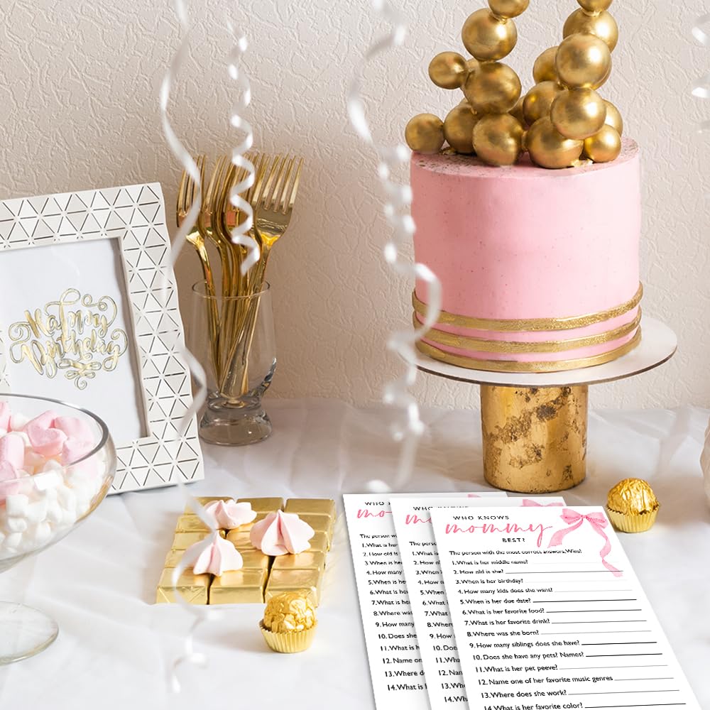 Wybgno Who Knows Mommy Best Baby Shower Game – 25 Pink Bow Cards | Ready-to-Play Icebreaker for Baby Girl Showers