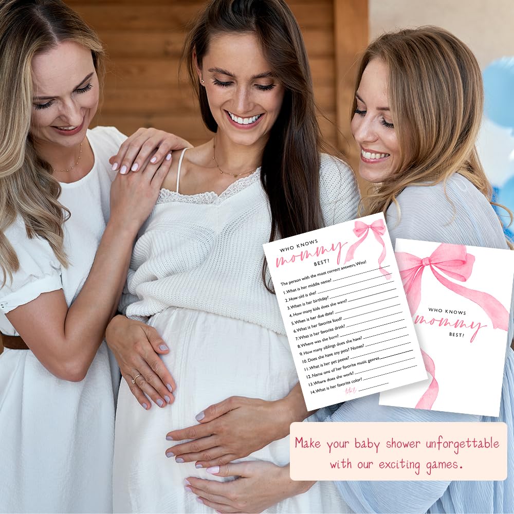 Wybgno Who Knows Mommy Best Baby Shower Game – 25 Pink Bow Cards | Ready-to-Play Icebreaker for Baby Girl Showers