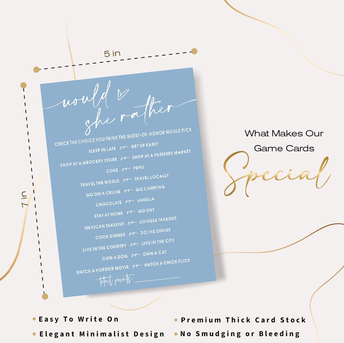 Wybgno Bridal Shower Games Cards – Would She Rather for 25 Guests | Minimalist Blue Wedding Party Supplies
