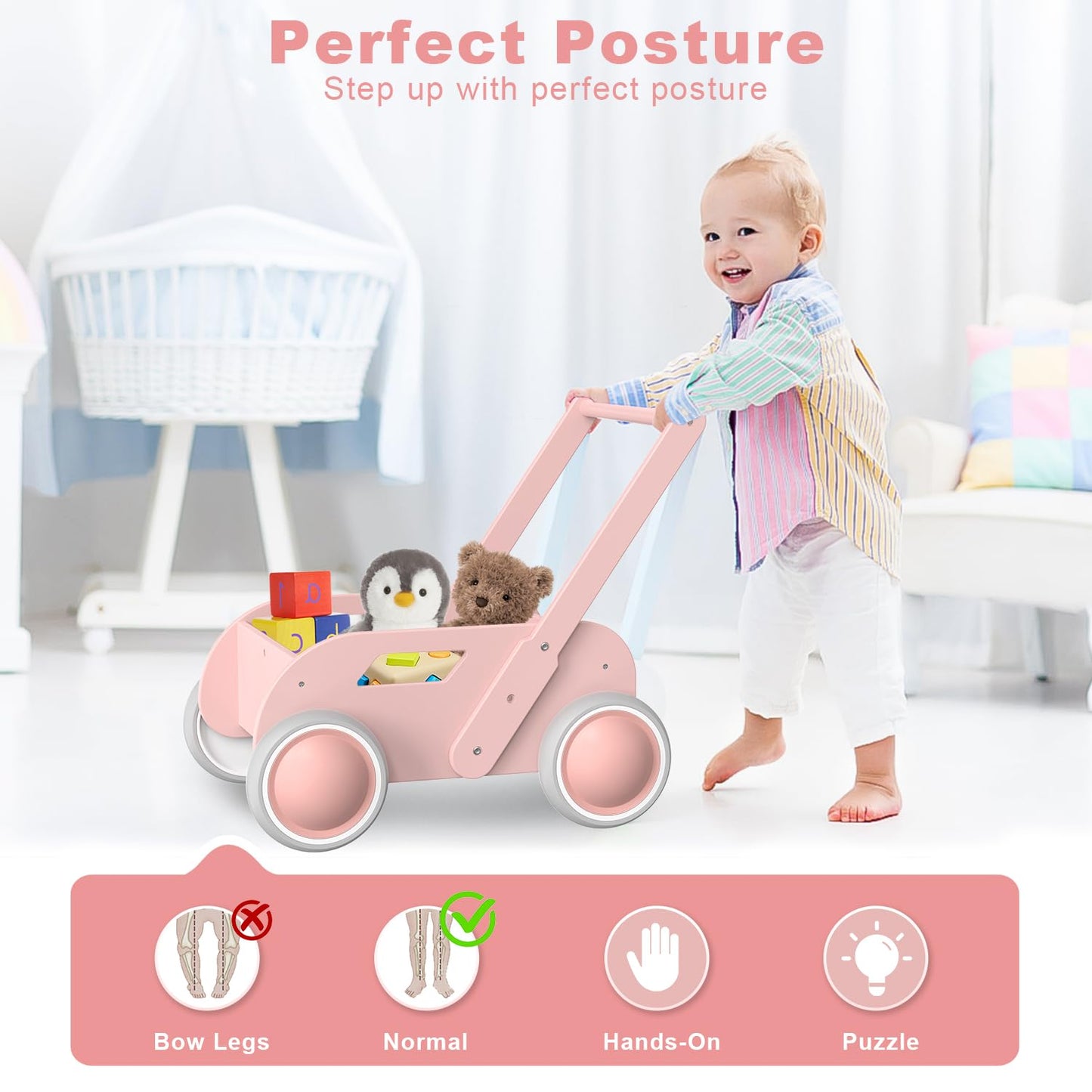 WyfKyd Pink Wooden Baby Walker – Push & Pull Learning Walker for Infants to Toddlers