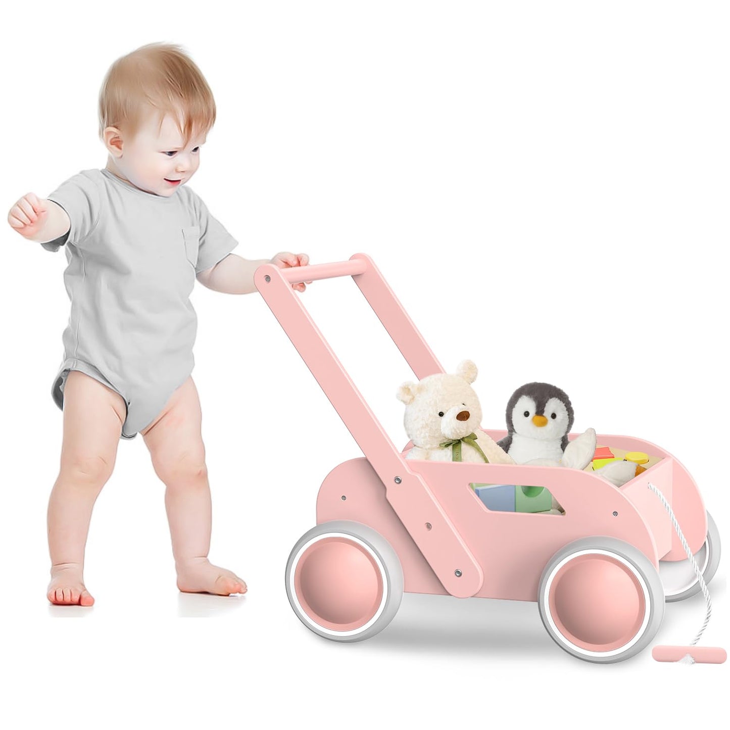 WyfKyd Pink Wooden Baby Walker – Push & Pull Learning Walker for Infants to Toddlers