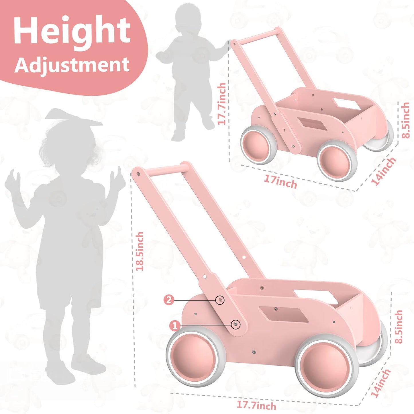 WyfKyd Pink Wooden Baby Walker – Push & Pull Learning Walker for Infants to Toddlers