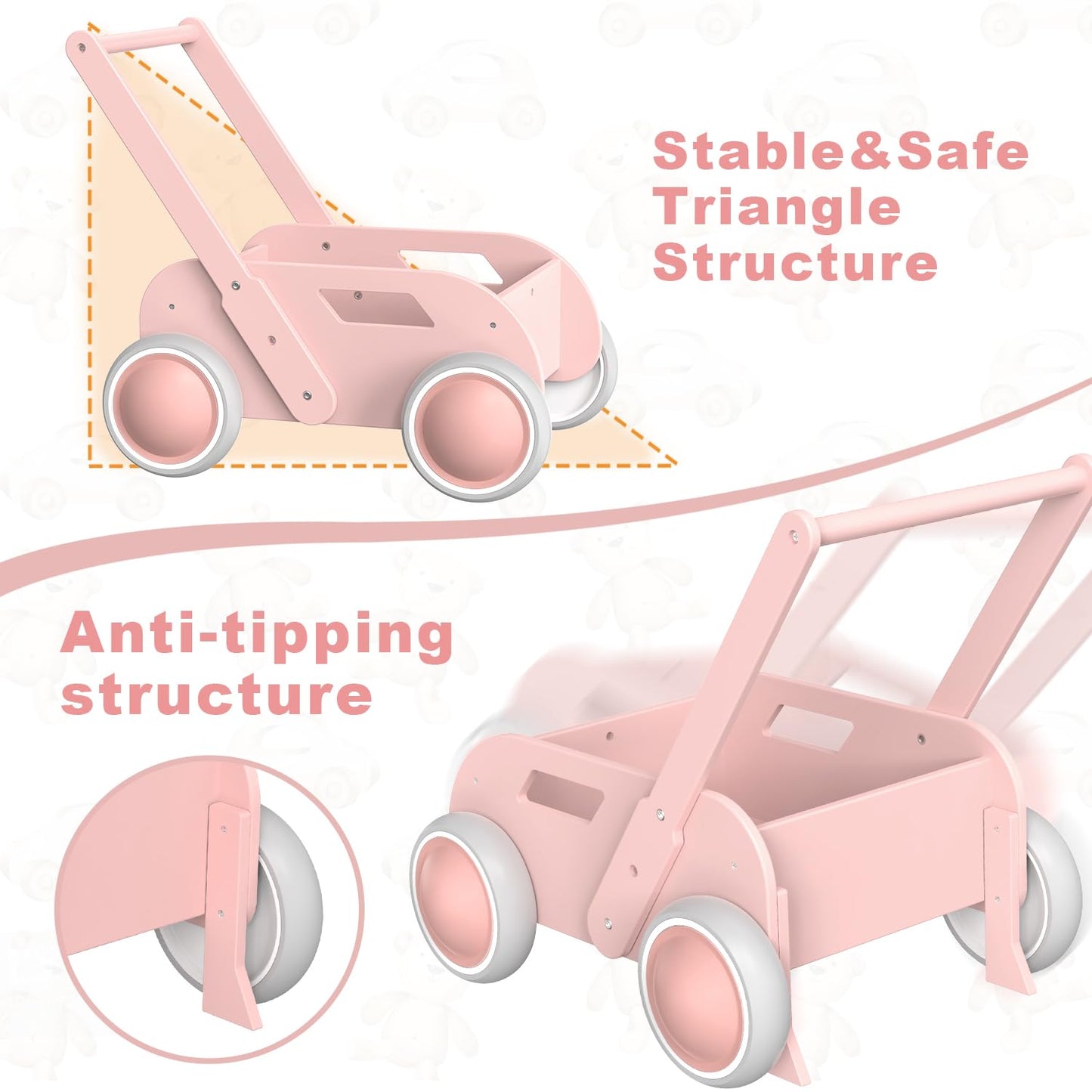 WyfKyd Pink Wooden Baby Walker – Push & Pull Learning Walker for Infants to Toddlers
