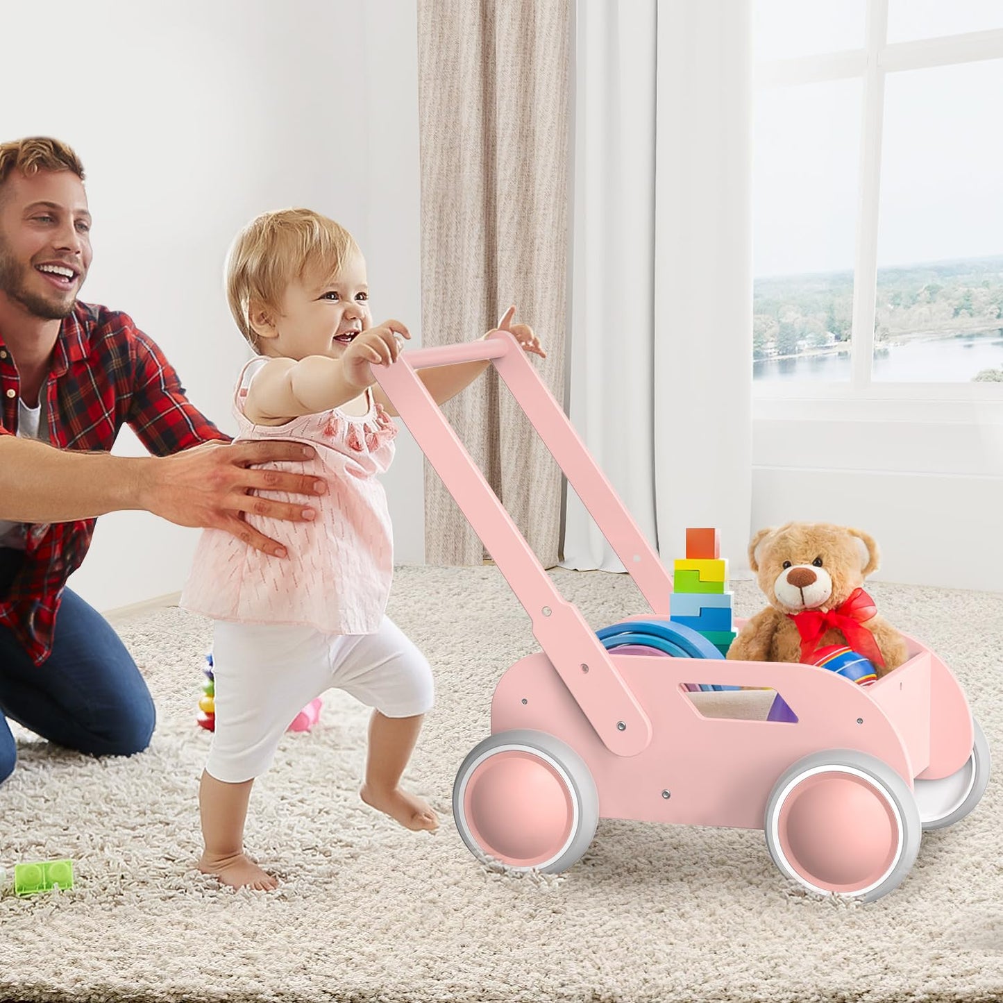 WyfKyd Pink Wooden Baby Walker – Push & Pull Learning Walker for Infants to Toddlers