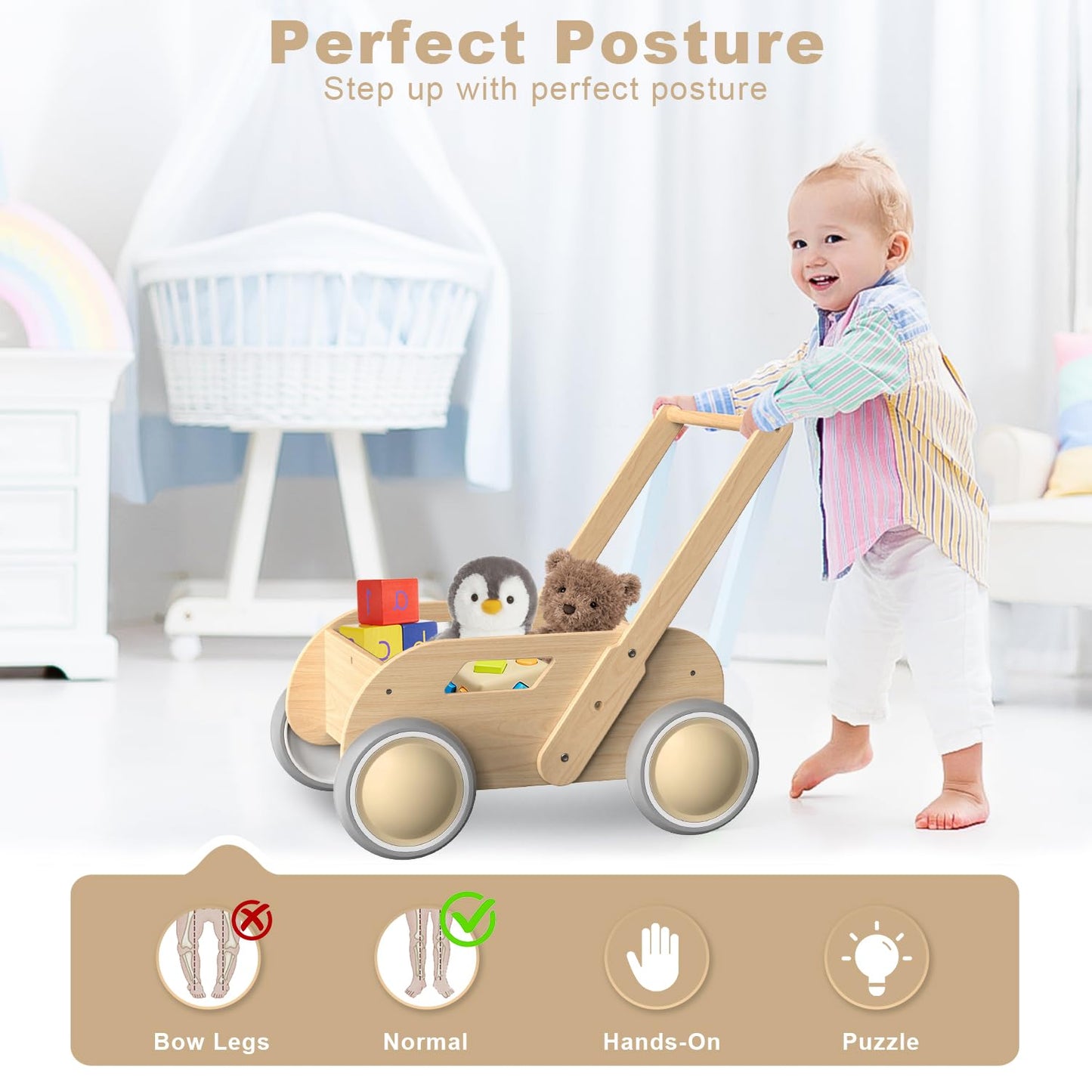WyfKyd Wooden Baby Walker – Adjustable, Anti-Tipping Push & Pull Toy for Babies to Toddlers