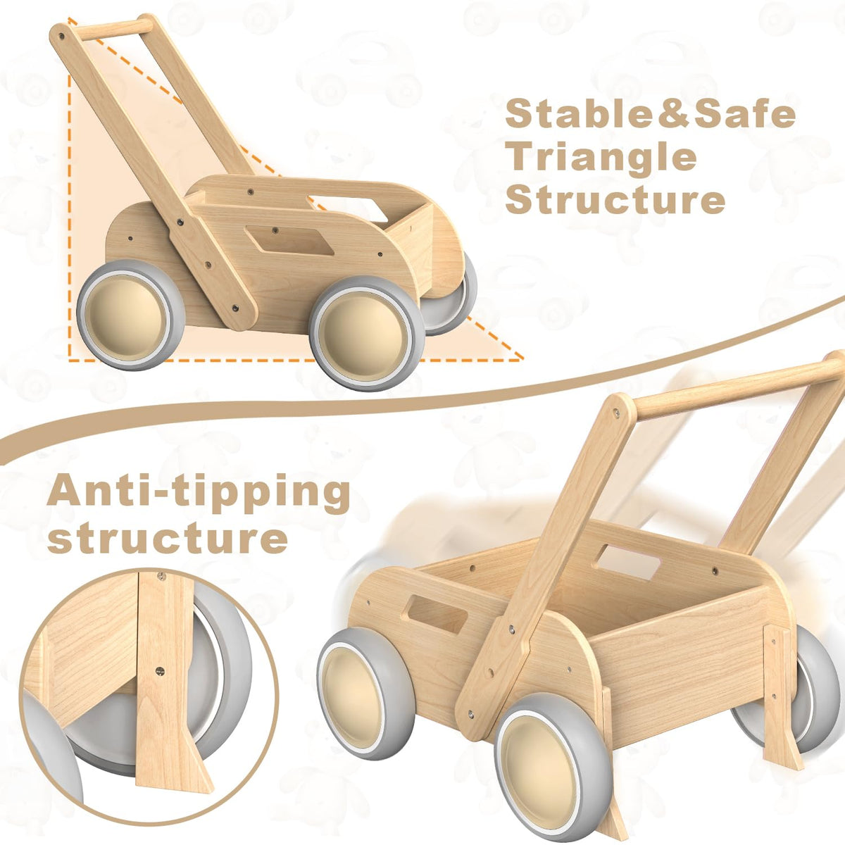 WyfKyd Wooden Baby Walker – Adjustable, Anti-Tipping Push & Pull Toy for Babies to Toddlers