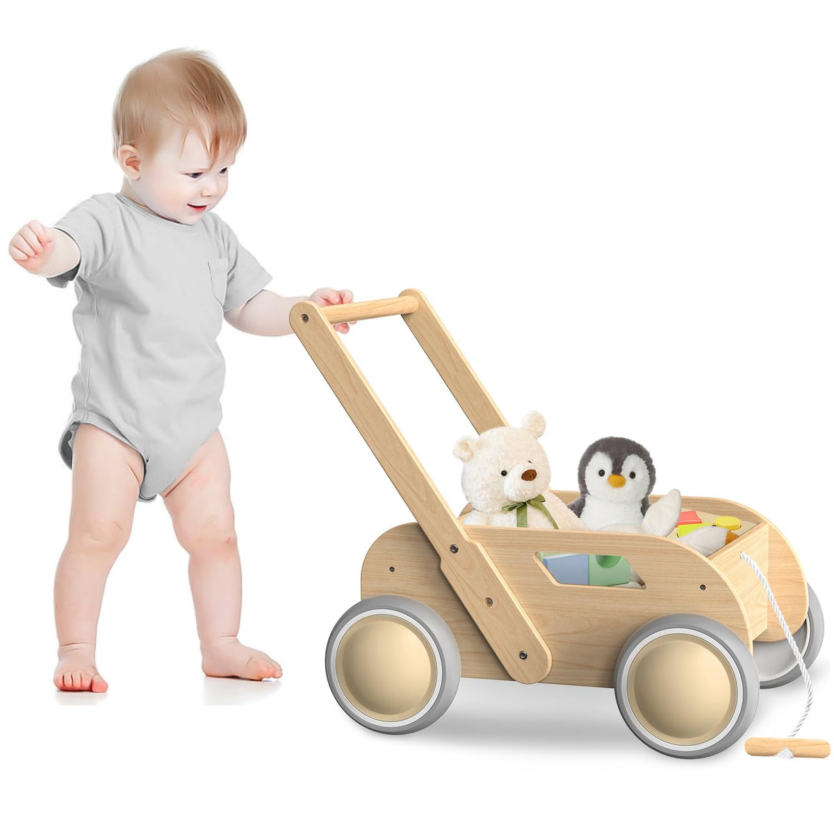 WyfKyd Wooden Baby Walker – Adjustable, Anti-Tipping Push & Pull Toy for Babies to Toddlers