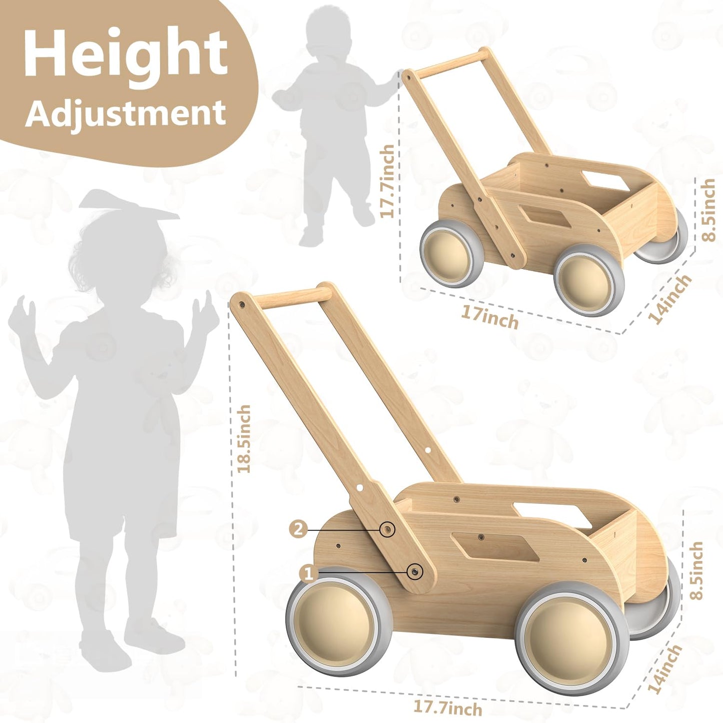 WyfKyd Wooden Baby Walker – Adjustable, Anti-Tipping Push & Pull Toy for Babies to Toddlers