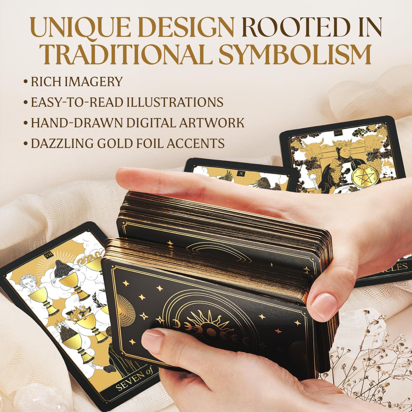 Wyspell Gold Tarot Cards with Guide Book – 78-card Beginner Deck with Gold Foil & Gilded Edges