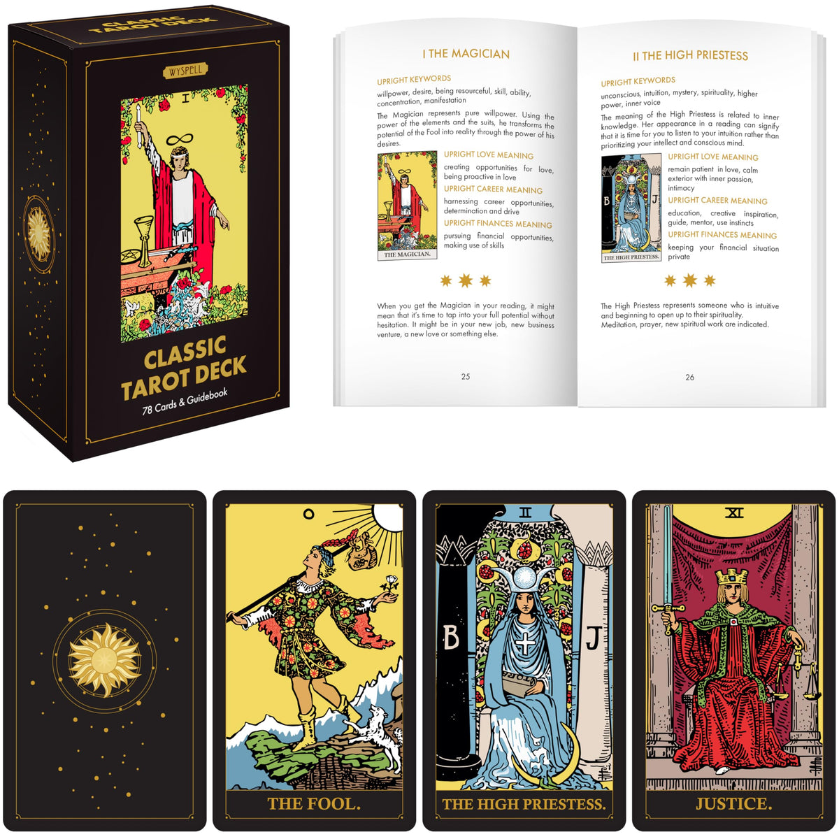 Wyspell Classic Tarot Cards for Beginners – Deck with Guide Book (Dark)