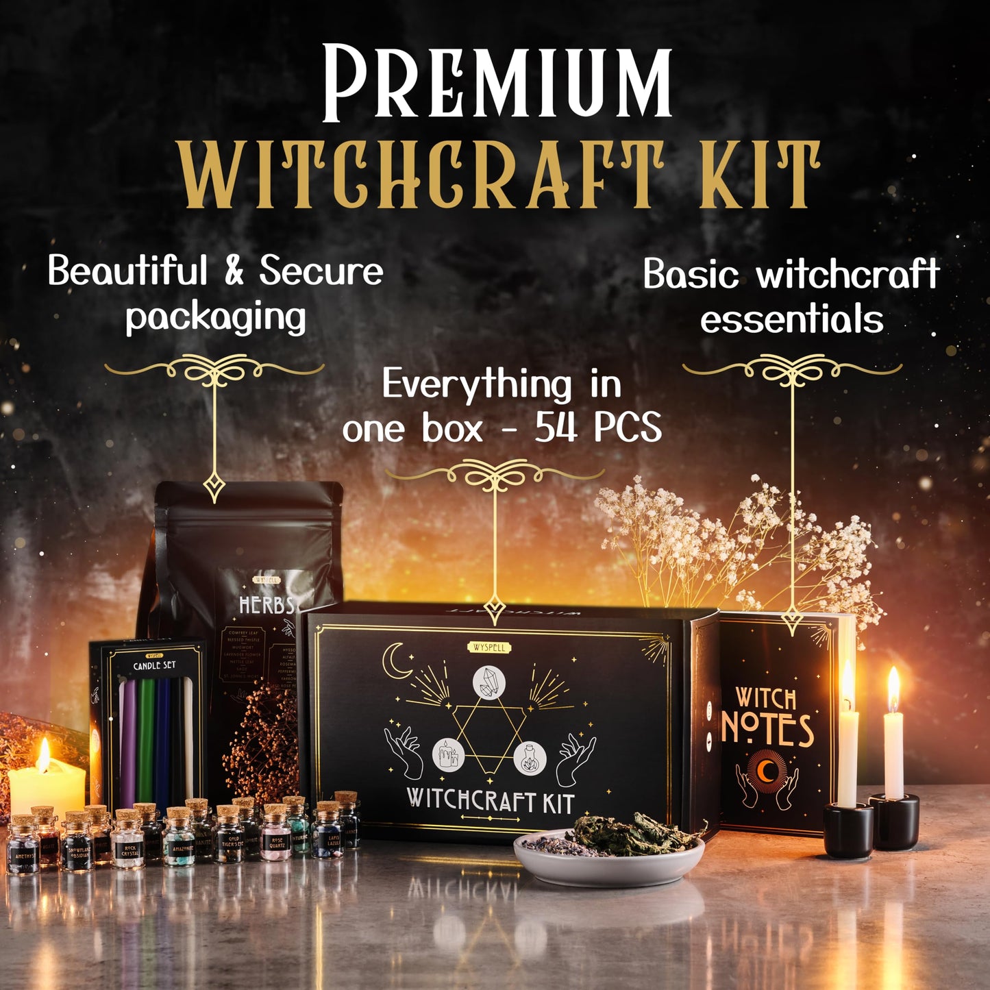 Wyspell Witchcraft Supplies Kit for Witch Altar 54PCS | Candles, Crystals, Herbs | Beginner Starter Box