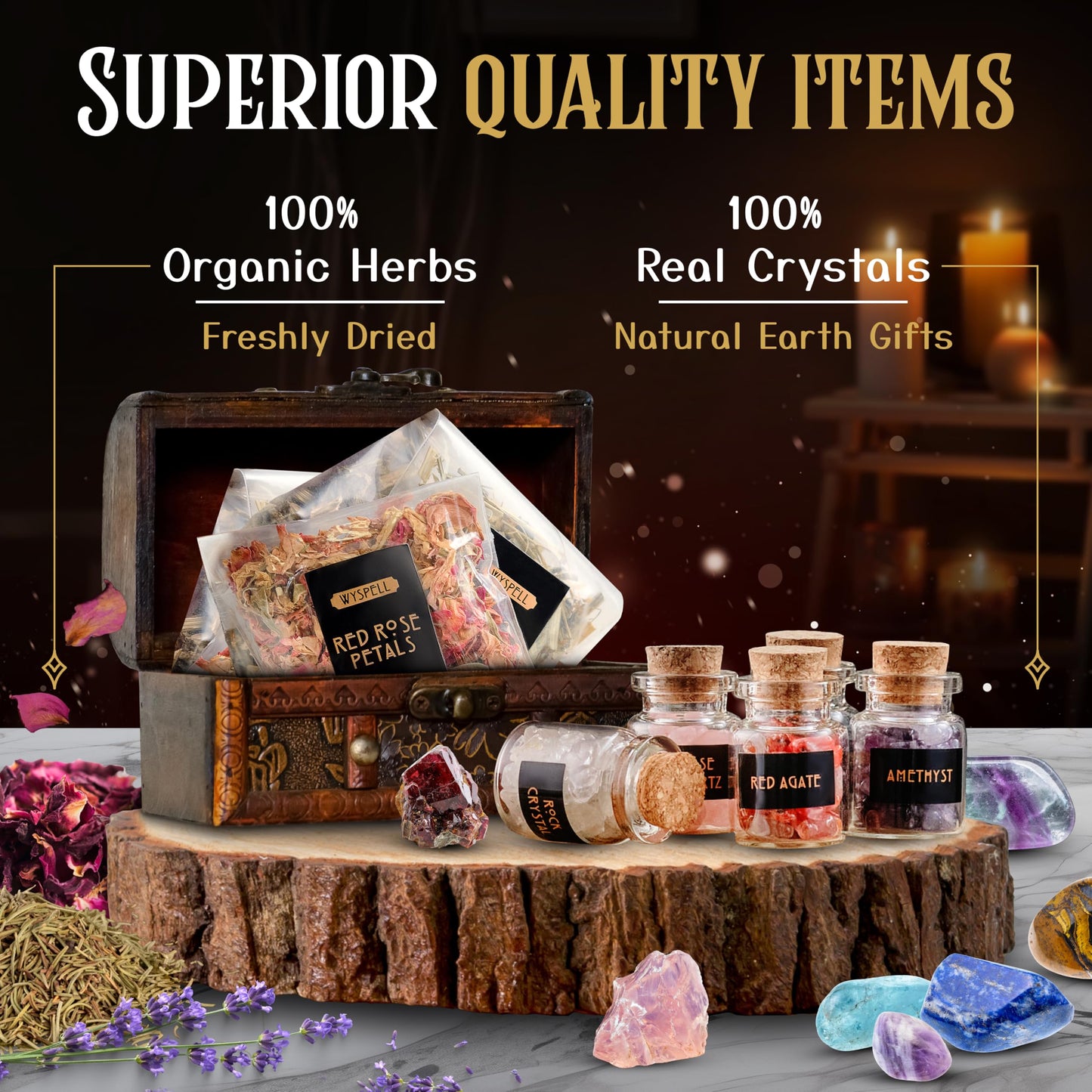 Wyspell Witchcraft Supplies Kit for Witch Altar 54PCS | Candles, Crystals, Herbs | Beginner Starter Box