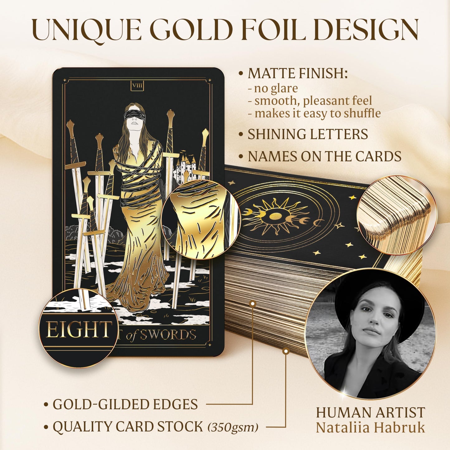 Wyspell Gold Tarot Cards with Guide Book – 78-card Beginner Deck with Gold Foil & Gilded Edges