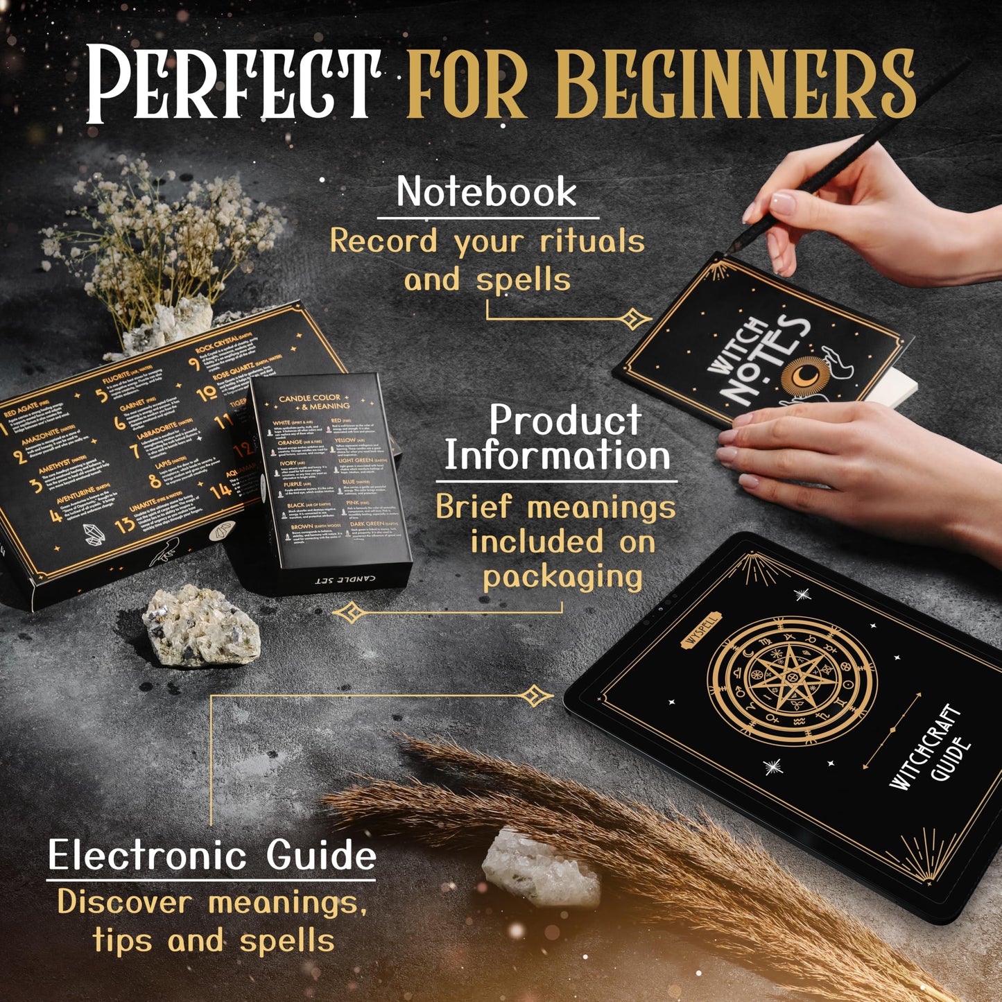 Wyspell Witchcraft Supplies Kit for Witch Altar 54PCS | Candles, Crystals, Herbs | Beginner Starter Box