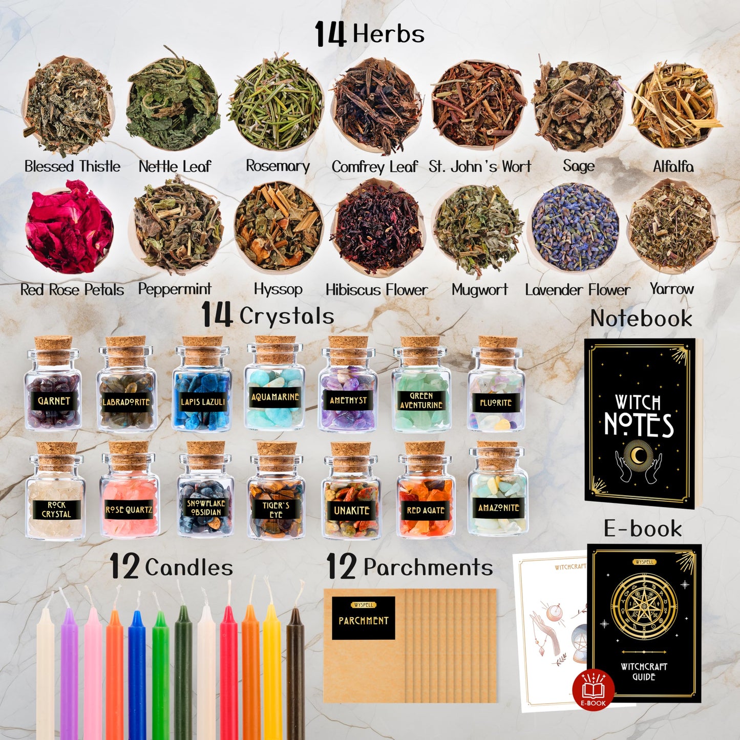 Wyspell Witchcraft Supplies Kit for Witch Altar 54PCS | Candles, Crystals, Herbs | Beginner Starter Box